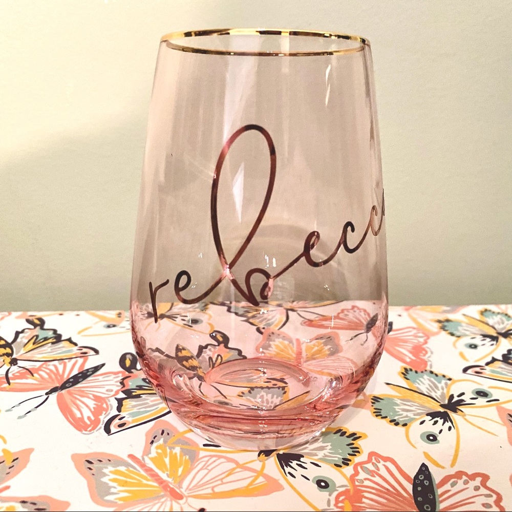 Rebecca Personalized Name Wine Glass Rose Gold Crystal Stemless